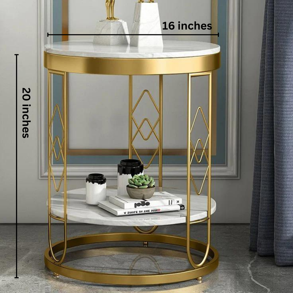 2-Tiered White Modern Round End Table with Shelf Metal Frame | 0217