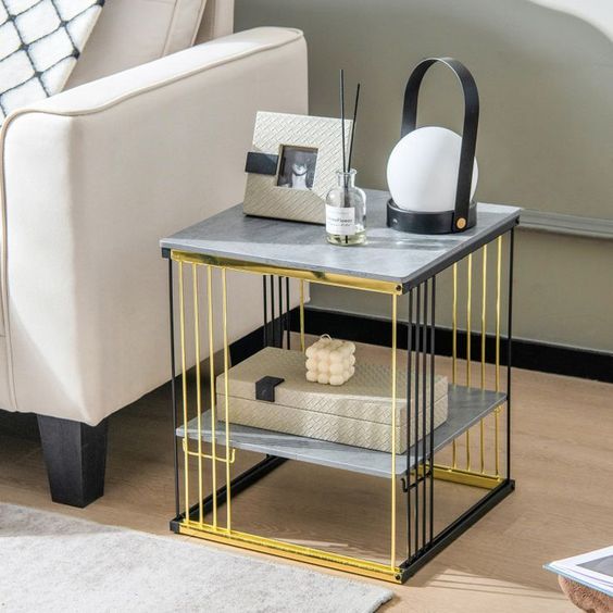 2-Tier Modern Black & Gold Bedside/Sofa Side Table Paint Finish | 0253