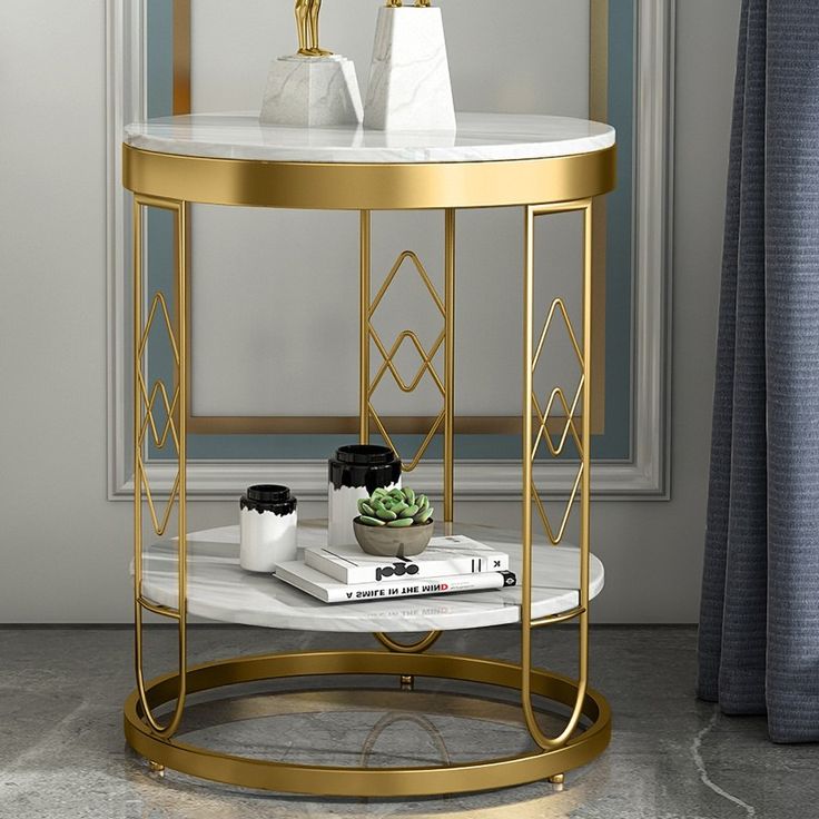 2-Tiered White Modern Round End Table with Shelf Metal Frame | 0217