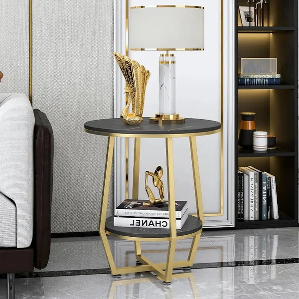 Black Round End Table with Shelf Metal Frame |  0234
