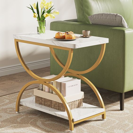 2-Tier Rectangular End Side Accent Table with Stylish Metal Frame | 0420