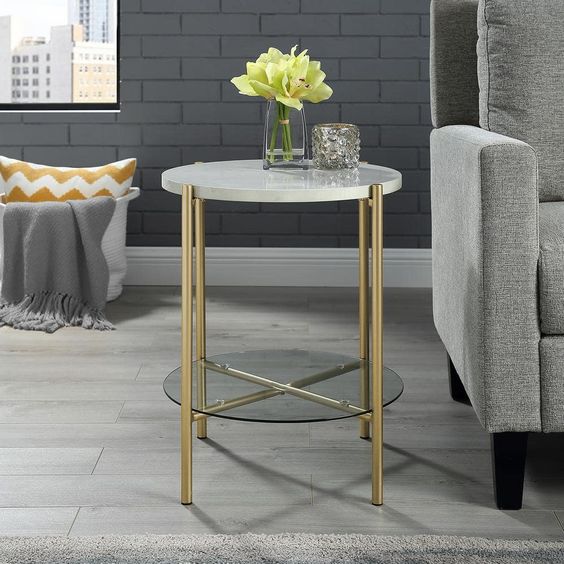 2.Tier Stylish Coffee White Mdf and Gold Table  |  0298