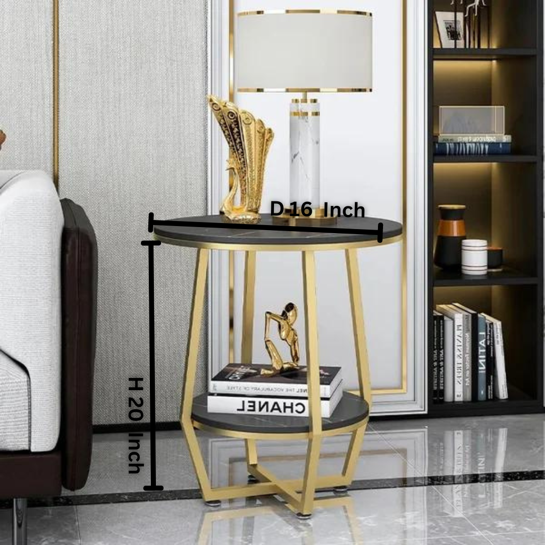 Black Round End Table with Shelf Metal Frame |  0234