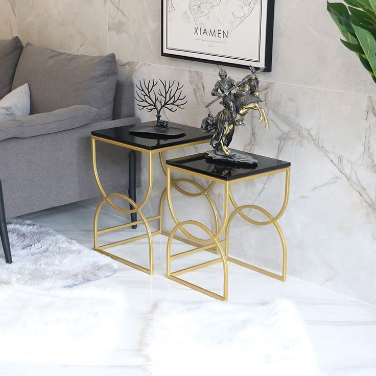 Black Square End Table Metal Side Table Set of 2 | 0196