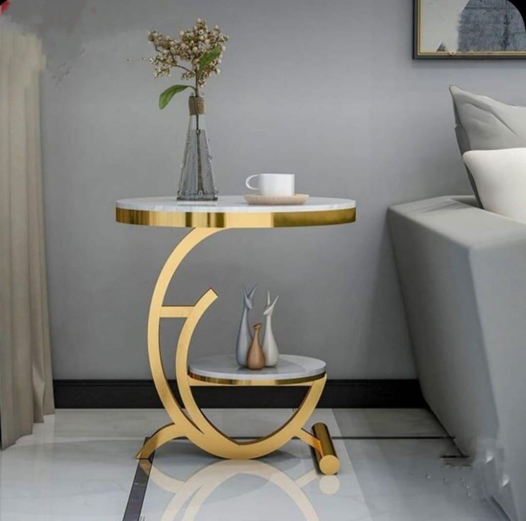 Bedside End Table for Laptop,Books Coffee, 2-Tier Accent Side Round Table With Crom Finish  | SST-5046