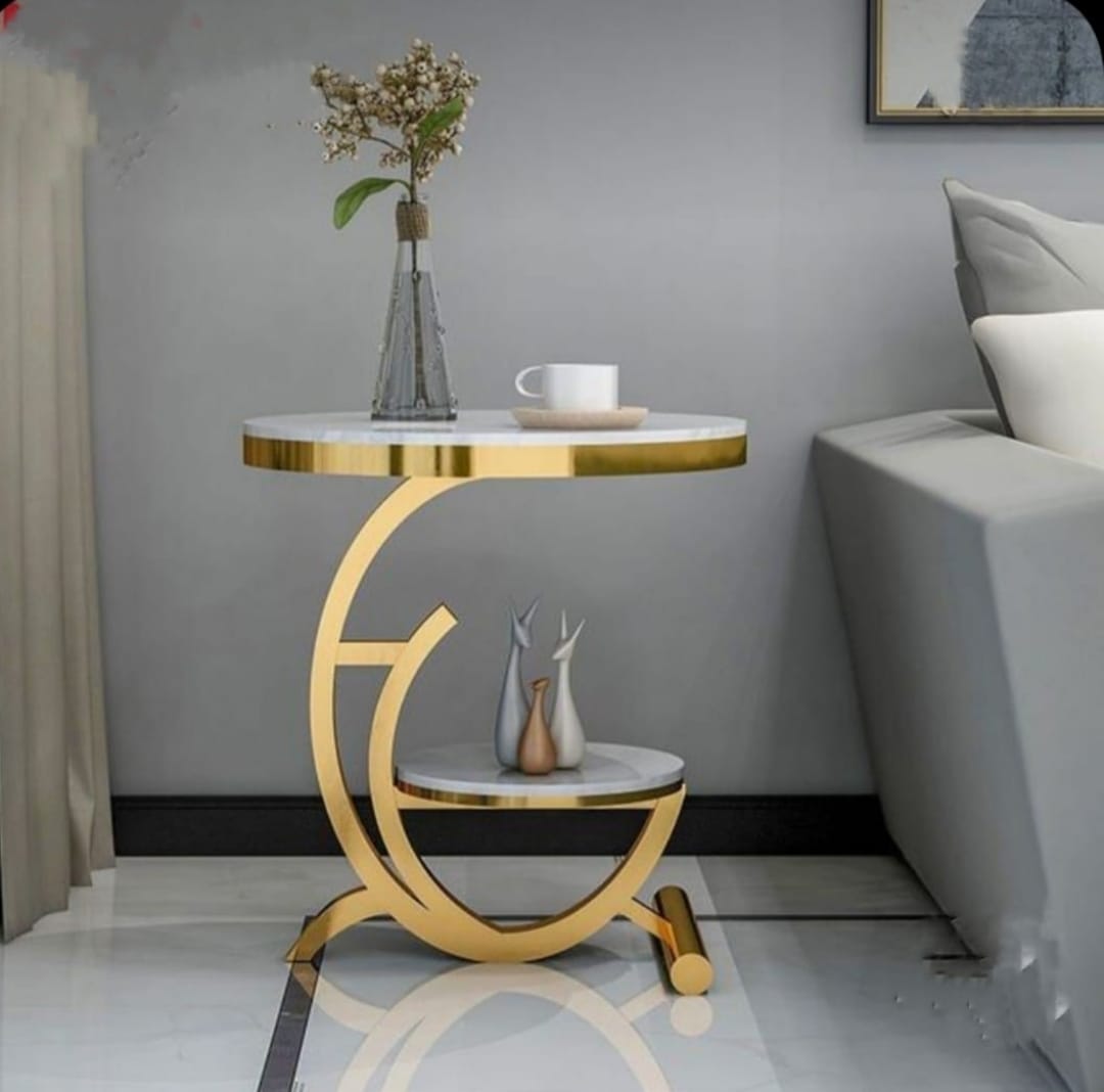 Bedside End Table for Laptop,Books Coffee, 2-Tier Accent Side Round Table With Crom Finish  | SST-5046