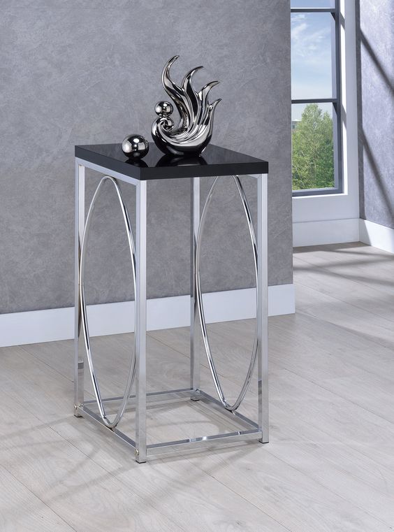 Contemporary Glossy Black and Chrome Accent Table | 0207