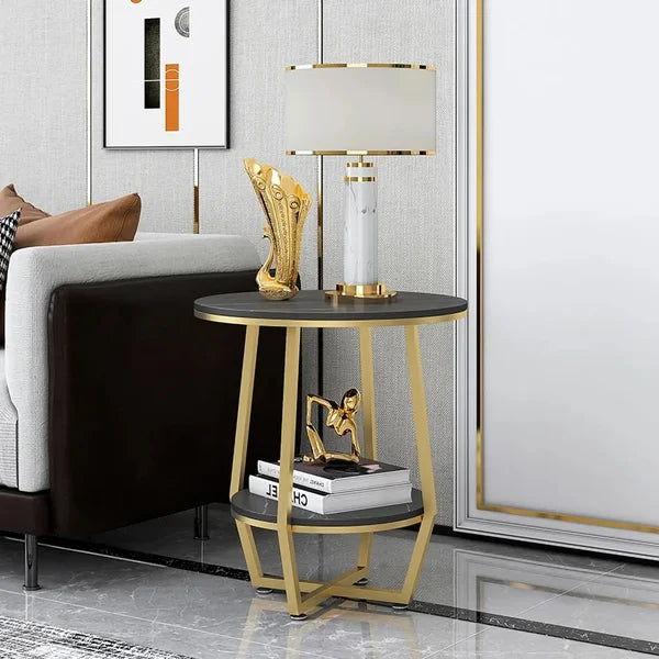 Black Round End Table with Shelf Metal Frame |  0234