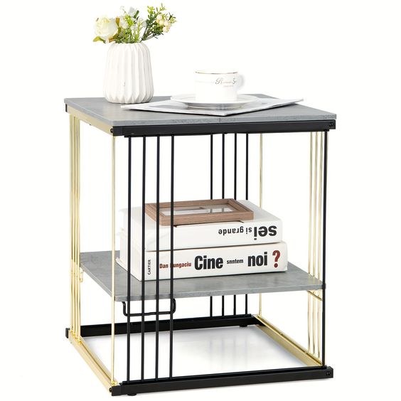 2-Tier Modern Black & Gold Bedside/Sofa Side Table Paint Finish | 0253